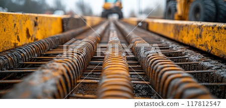 Close-Up of Rusty Steel Rebars at a Construction Site with Heavy Machinery in the Background Close-Up of Rusty Steel Rebars at a Construction Site with Heavy Machinery in the Background 117812547