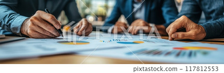 Business Team Analyzing Financial Reports and Data in a Modern Office Setting Business Team Analyzing Financial Reports and Data in a Modern Office Setting 117812553