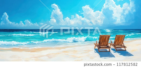Serene Tropical Beach with Two Wooden Lounge Chairs Facing Crystal Clear Turquoise Ocean Under a Bright Blue Sky 117812582