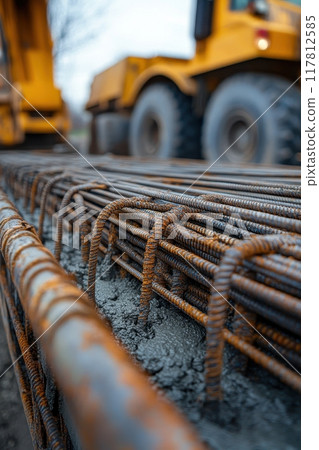 Close-Up of Reinforced Steel Bars and Heavy Machinery at a Construction Site 117812585
