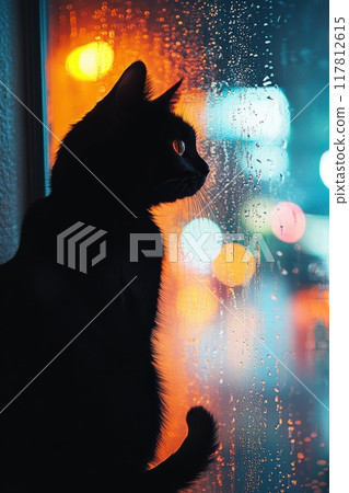 Silhouette of a Cat Looking Out a Rainy Window at Night with Colorful City Lights in the Background Silhouette of a Cat Looking Out a Rainy Window at Night with Colorful City Lights in the Background 117812615