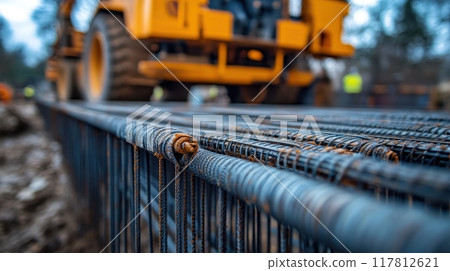 Close-Up of Reinforced Steel Bars at a Construction Site with Heavy Machinery in the Background 117812621