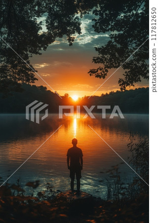 Silhouette of a Person Standing by a Tranquil Lake at Sunset Surrounded by Trees 117812650