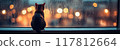 Cozy Cat Sitting on Window Sill Watching Rainy City Lights at Dusk 117812664