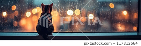 Cozy Cat Sitting on Window Sill Watching Rainy City Lights at Dusk 117812664