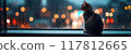 Cozy Cat Sitting by Rainy Window with City Lights in the Background During Evening 117812665