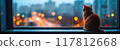 Cozy Cat Sitting on Window Sill Watching Rainy Cityscape with Blurred Lights in the Background 117812668