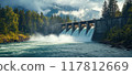 Scenic Mountain Dam with Flowing Water and Lush Forest in Misty Morning Light 117812669