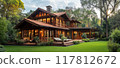 Beautiful Rustic Wooden House with Spacious Deck and Lush Green Garden in a Serene Forest Setting 117812672