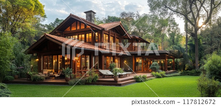 Beautiful Rustic Wooden House with Spacious Deck and Lush Green Garden in a Serene Forest Setting Beautiful Rustic Wooden House with Spacious Deck and Lush Green Garden in a Serene Forest Setting 117812672