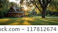 Charming Wooden House with Large Garden and Sunlight Filtering Through Trees at Sunset 117812674