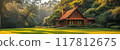 Charming Wooden Cabin in a Serene Forest Setting with Lush Greenery and Sunlight Filtering Through Trees 117812675