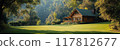 Cozy Wooden Cabin in a Lush Forest Setting with Sunlight Filtering Through Trees 117812677