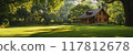 Charming Wooden Cabin in a Lush Green Forest with Sunlight Streaming Through Trees 117812678