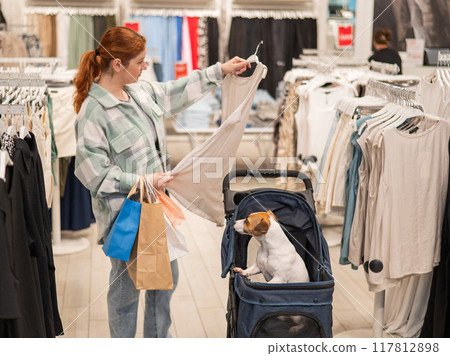 Caucasian woman shopping with her Jack Russell terrier dog in a stroller. Caucasian woman shopping with her Jack Russell terrier dog in a stroller. 117812898