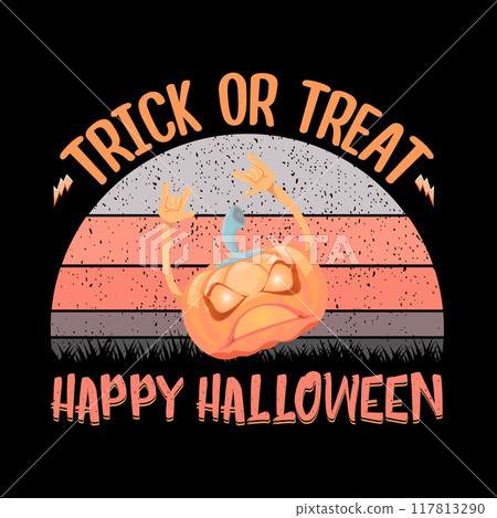 vector Halloween funky rock n roll style cartoon carved pumpkin character isolated on vintage sunset background. Happy halloween party concept poster, banner, flyer, cover and card vector Halloween funky rock n roll style cartoon carved pumpkin character isolated on vintage sunset background. Happy halloween party concept poster, banner, flyer, cover and card 117813290
