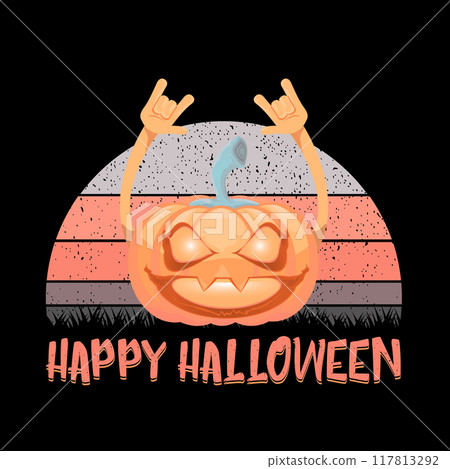 vector Halloween funky rock n roll style cartoon carved pumpkin character isolated on vintage sunset background. Happy halloween party concept poster, banner, flyer, cover and card 117813292