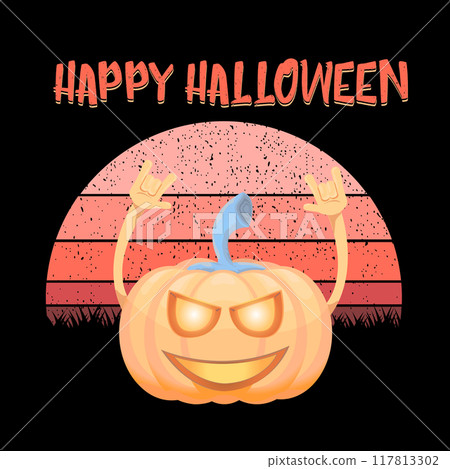 vector Halloween funky rock n roll style cartoon carved pumpkin character isolated on vintage sunset background. Happy halloween party concept poster, banner, flyer, cover and card vector Halloween funky rock n roll style cartoon carved pumpkin character isolated on vintage sunset background. Happy halloween party concept poster, banner, flyer, cover and card 117813302