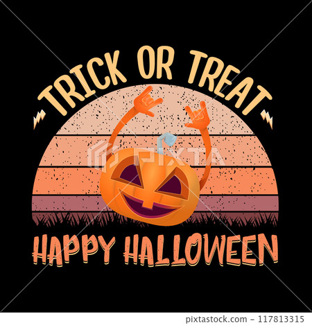vector Halloween funky rock n roll style cartoon carved pumpkin character isolated on vintage sunset background. Happy halloween party concept poster, banner, flyer, cover and card vector Halloween funky rock n roll style cartoon carved pumpkin character isolated on vintage sunset background. Happy halloween party concept poster, banner, flyer, cover and card 117813315
