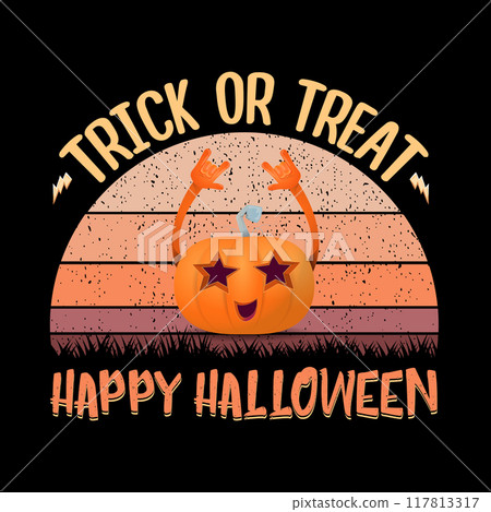 vector Halloween funky rock n roll style cartoon carved pumpkin character isolated on vintage sunset background. Happy halloween party concept poster, banner, flyer, cover and card 117813317