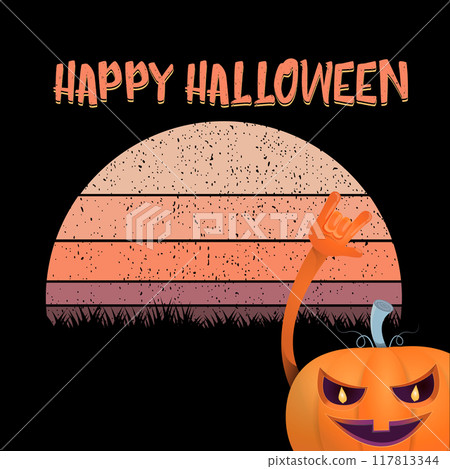 vector Halloween funky rock n roll style cartoon carved pumpkin character isolated on vintage sunset background. Happy halloween party concept poster, banner, flyer, cover and card 117813344