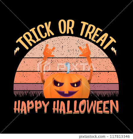 vector Halloween funky rock n roll style cartoon carved pumpkin character isolated on vintage sunset background. Happy halloween party concept poster, banner, flyer, cover and card 117813346