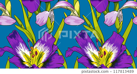Vector seamless pattern with freesia flowers on blue background 117813489
