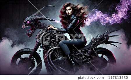 A female rider on a demon-possessed bike A female rider on a demon-possessed bike 117813580