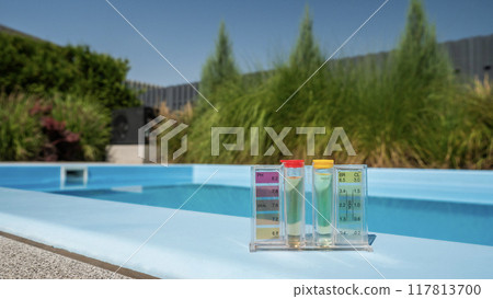 A pool water testing kit with pH and chlorine levels is placed on the pool's edge, with a soft-focus green backdrop. 117813700