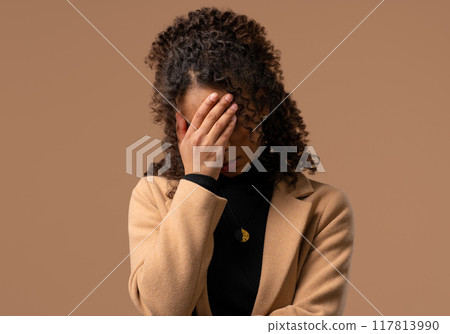 Worried confused woman, no, she forgot.Girl feeling sorrow,regret,drama, failure Worried confused woman, no, she forgot.Girl feeling sorrow,regret,drama, failure 117813990