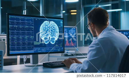 Brain disease, Doctor with human brain model on desktop computer to treat and study in hospital. 117814017