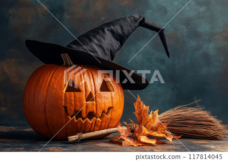 Carved Jack o lantern wearing a witch hat, accompanied by a broomstick and autumn leaves 117814045