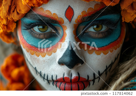 Colorful day of the dead face paint featuring intricate designs 117814062