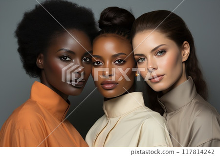Diverse group of women. Black African American, Latin American and White caucasian girl models fashion portrait. The concept of beauty of different nationalities Diverse group of women. Black African American, Latin American and White caucasian girl models fashion portrait. The concept of beauty of different nationalities 117814242