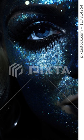 Beautiful woman eye close-up with blue and gold glitter makeup. Stunning young girl with metallic paint on her face. Fashion and beauty concept. Model with glamorous make-up Beautiful woman eye close-up with blue and gold glitter makeup. Stunning young girl with metallic paint on her face. Fashion and beauty concept. Model with glamorous make-up 117814254