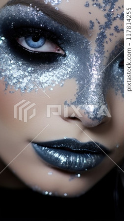 Close-up of a beautiful woman with silver glitter makeup. A girl with metallic paint on her face. Close-up of a beautiful woman with silver glitter makeup. A girl with metallic paint on her face. 117814255