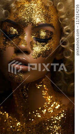 Close-up of a beautiful woman with golden glitter makeup. A girl with gold metallic paint on her face. Close-up of a beautiful woman with golden glitter makeup. A girl with gold metallic paint on her face. 117814256
