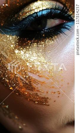 Close-up eye of a beautiful woman with golden glitter makeup. A girl with gold metallic paint on her face. Fashion and beauty concept. Close-up eye of a beautiful woman with golden glitter makeup. A girl with gold metallic paint on her face. Fashion and beauty concept. 117814257