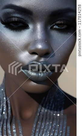 Beautiful woman close-up with creative blue glitter makeup. Stunning young girl with metallic paint on her face. Fashion and beauty concept. Beautiful woman close-up with creative blue glitter makeup. Stunning young girl with metallic paint on her face. Fashion and beauty concept. 117814258