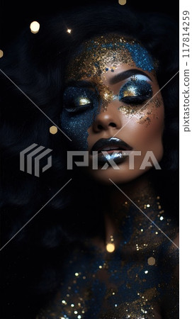 Beautiful woman close-up with creative blue glitter makeup. Stunning young girl with metallic paint on her face. Fashion and beauty concept. Beautiful woman close-up with creative blue glitter makeup. Stunning young girl with metallic paint on her face. Fashion and beauty concept. 117814259