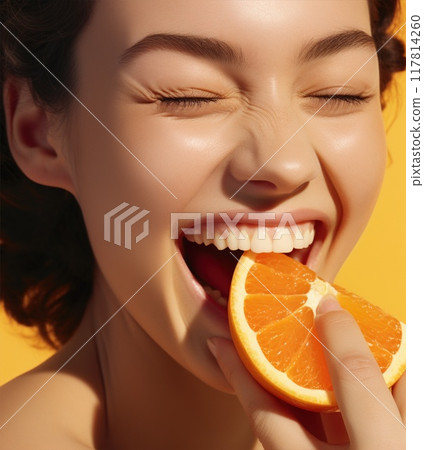 Beauty Model Girl with Juicy Orange close-up. Beautiful Joyful woman smile. Happy and optimistic emotion, natural make up. Orange Slice Beauty Model Girl with Juicy Orange close-up. Beautiful Joyful woman smile. Happy and optimistic emotion, natural make up. Orange Slice 117814260