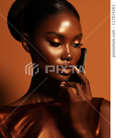 Portrait closeup of beautiful black woman holding a smartphone. Beauty African model with shiny skin. Fashion girl with natural makeup on a brown background Portrait closeup of beautiful black woman holding a smartphone. Beauty African model with shiny skin. Fashion girl with natural makeup on a brown background 117814261