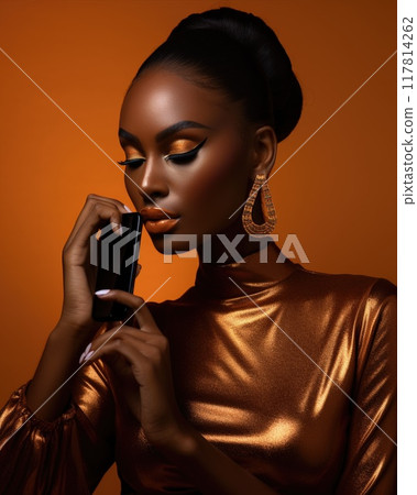 Portrait closeup of beautiful black woman holding a smartphone. Beauty African model with shiny skin. Fashion girl with natural makeup on a brown background Portrait closeup of beautiful black woman holding a smartphone. Beauty African model with shiny skin. Fashion girl with natural makeup on a brown background 117814262