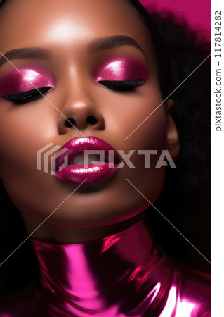 Portrait closeup of beautiful black woman. Girl with stylish makeup. Metallic pink eyeshadows and lips. Portrait closeup of beautiful black woman. Girl with stylish makeup. Metallic pink eyeshadows and lips. 117814282