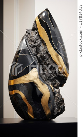 Golden and black texture. Polished stone with an exquisite natural pattern. 117814315