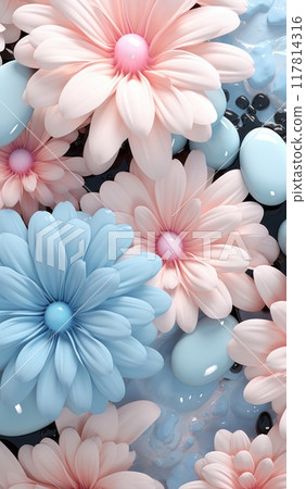 Beautiful flowers composition. Pink flowers on pastel pink background. Valentines Day, Easter, Happy Women's Day, Mother's day. Flat lay, top view, copy space 117814316