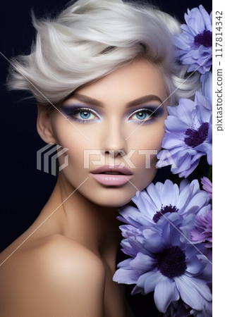Pretty woman with bright makeup. Beautiful girl with flowers. Pretty woman with bright makeup. Beautiful girl with flowers. 117814342