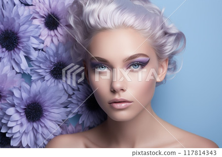 Pretty woman with bright lavender makeup. Beautiful girl with light violet flowers. Young model with healthy clean skin. Pretty woman with bright lavender makeup. Beautiful girl with light violet flowers. Young model with healthy clean skin. 117814343