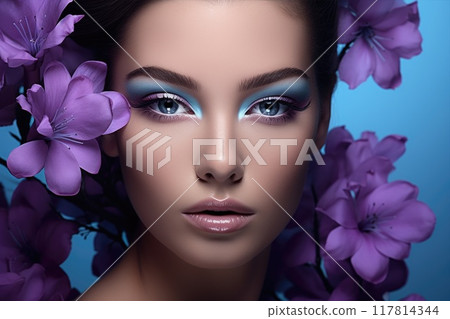 Pretty woman with bright lavender makeup. Beautiful girl with light violet flowers. Beauty portrait of young model with purple make-up. A healthy clean skin. Pretty woman with bright lavender makeup. Beautiful girl with light violet flowers. Beauty portrait of young model with purple make-up. A healthy clean skin. 117814344