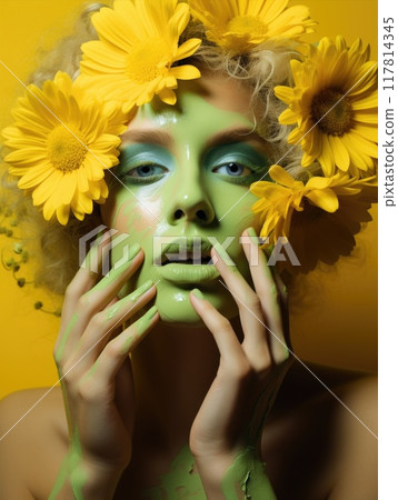A curly girl with green hair holds a chrysanthemums in her hands on a yellow background. Green creative makeup is on her eyes. Beauty portrait close up. Young woman with a flower. 117814345